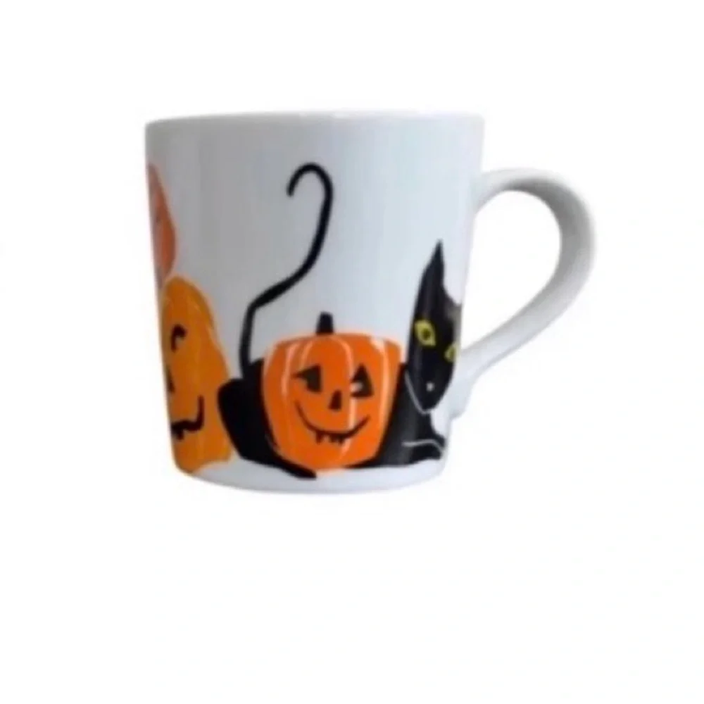 Crate & Barrel Halloween Mug Set Black Cat Pumpkin Demitasse Espresso Cups